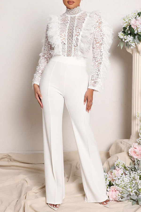 Goosudu Fashion Sexy solid Color Lace Fringed See-Through Jumpsuit