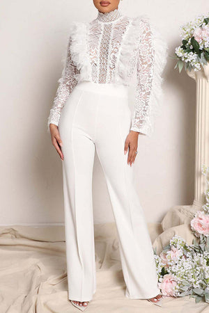 Goosudu Fashion Sexy solid Color Lace Fringed See-Through Jumpsuit