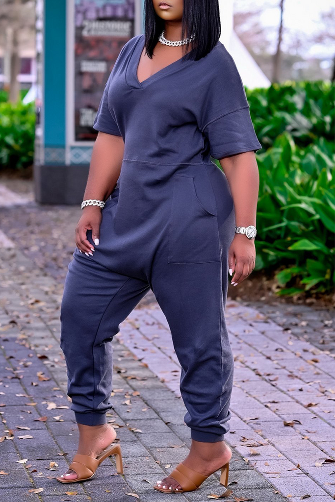 Goosudu Casual Solid Patchwork V Neck Straight Jumpsuits