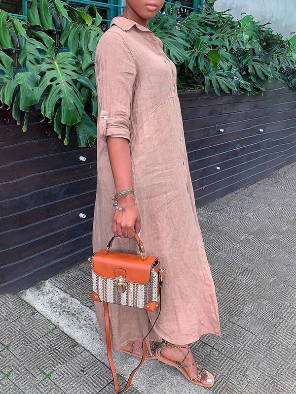 Goosudu Solid Side-Slit Shirt Dress