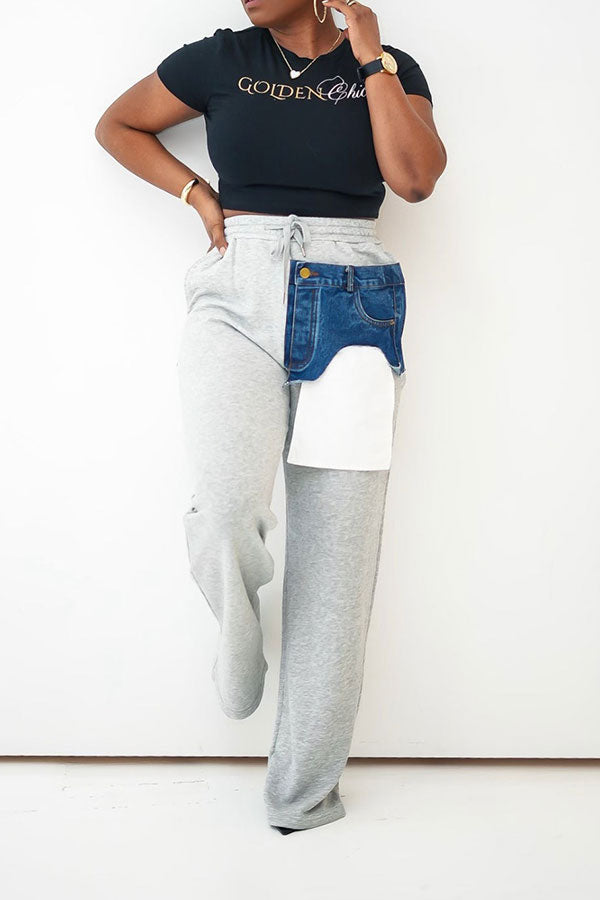 Goosudu Denim Pocket Patchwork Stylish Drawstring Pants