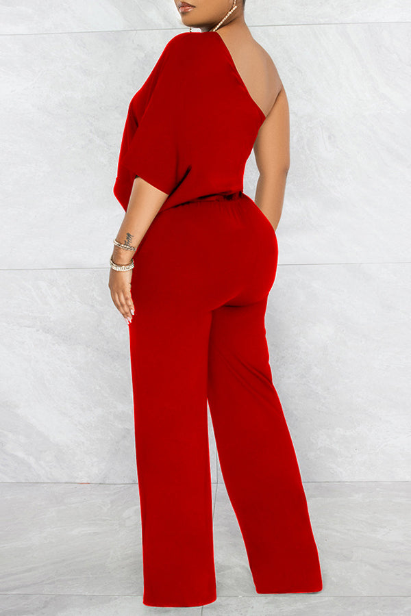 Goosudu Fashion Show Waist One Shoulder Casual Pants Open Back Short Sleeve Jumpsuit