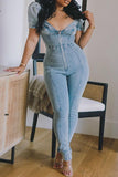 Goosudu Plus Size Denim Puff Sleeve Zipper Jumpsuit