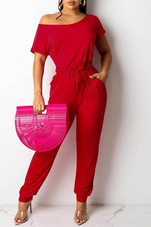 Goosudu Solid Short Sleeve Pocket Drawstring Jumpsuit