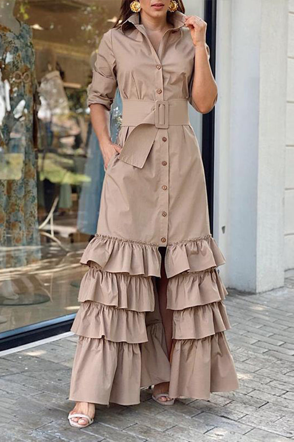 Goosudu Solid Color Lapel Belt Shirt Maxi Dress