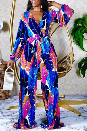 Goosudu Boho V-Neck High Waist Loose Wide Leg Mopping Jumpsuit