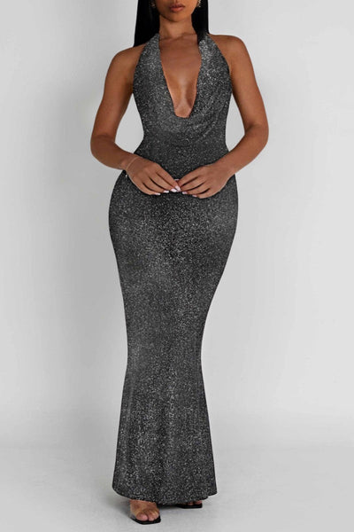 Sexy Solid Color Lace Up Backless Halter Long Dresses