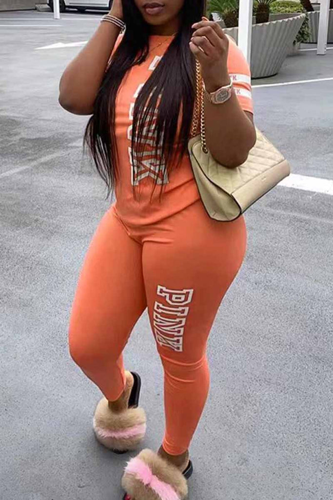 Goosudu Casual Print Letter O Neck Short Sleeve Two Pieces