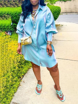 Goosudu Solid Bishop-Sleeve Shirt Dress