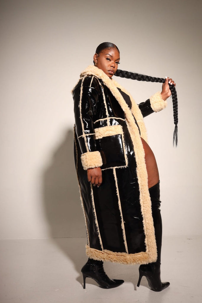 Goosudu Rich Vegan Patent Leather Jacket Faux Shearling Outwear