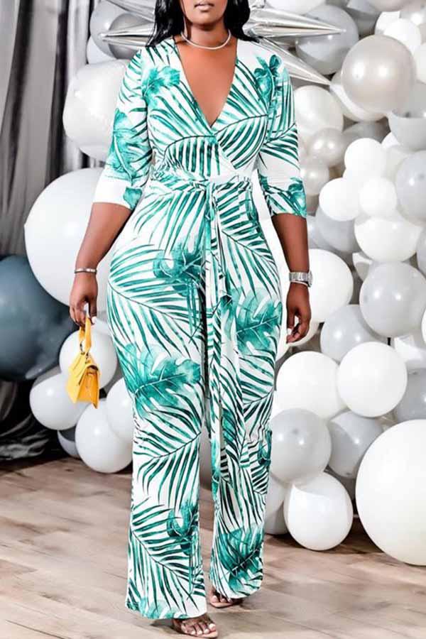 Goosudu Plus Size Palm 3/4 Length Sleeve Tie Waist Jumpsuit