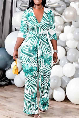 Goosudu Plus Size Palm 3/4 Length Sleeve Tie Waist Jumpsuit
