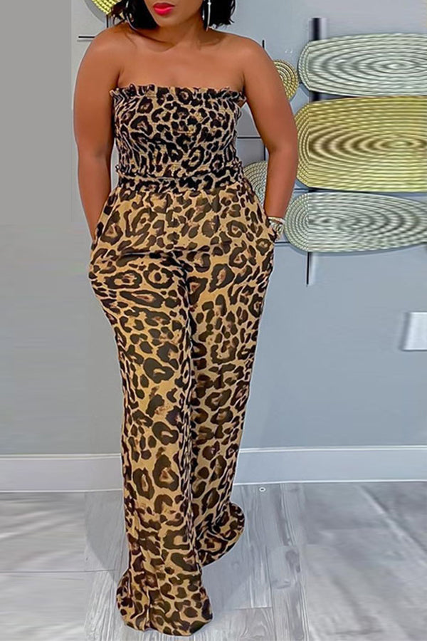 Goosudu Fashion Sexy Leopard Print Stitching Wide Leg Jumpsuit