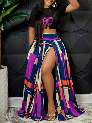 Goosudu Graphic Crop Top & Colorblock Slit Skirt Set