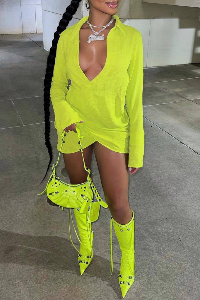 Goosudu Casual Solid Patchwork Turndown Collar Long Sleeve Dresses