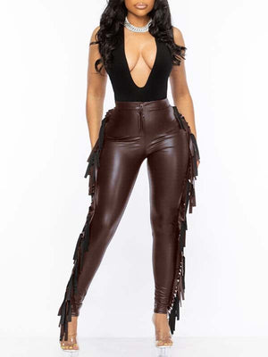 Goosudu Fringe-Combo Faux-Leather Pants