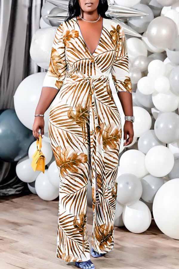 Goosudu Plus Size Palm 3/4 Length Sleeve Tie Waist Jumpsuit