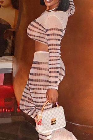 Goosudu Sexy Striped Patchwork O Neck Long Sleeve Two Pieces