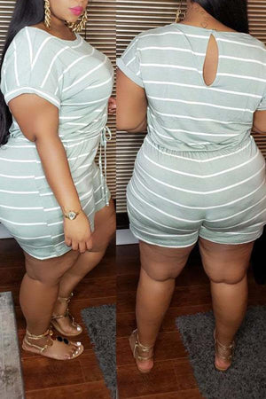 Goosudu Plus Size Striped Print Loose Round Neck Short Sleeve Romper