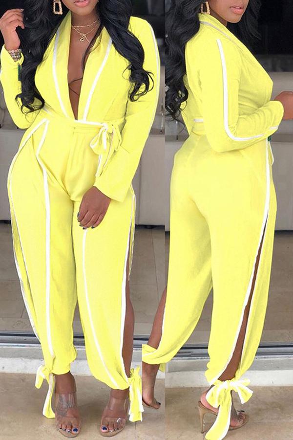 Goosudu On-trend V-neck Side Slit Bow Long Sleeve Jumpsuit