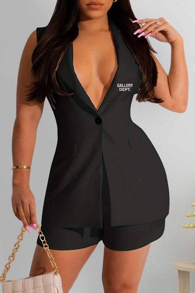 Goosudu Casual Work Print Letter Turn-back Collar Sleeveless Two Pieces