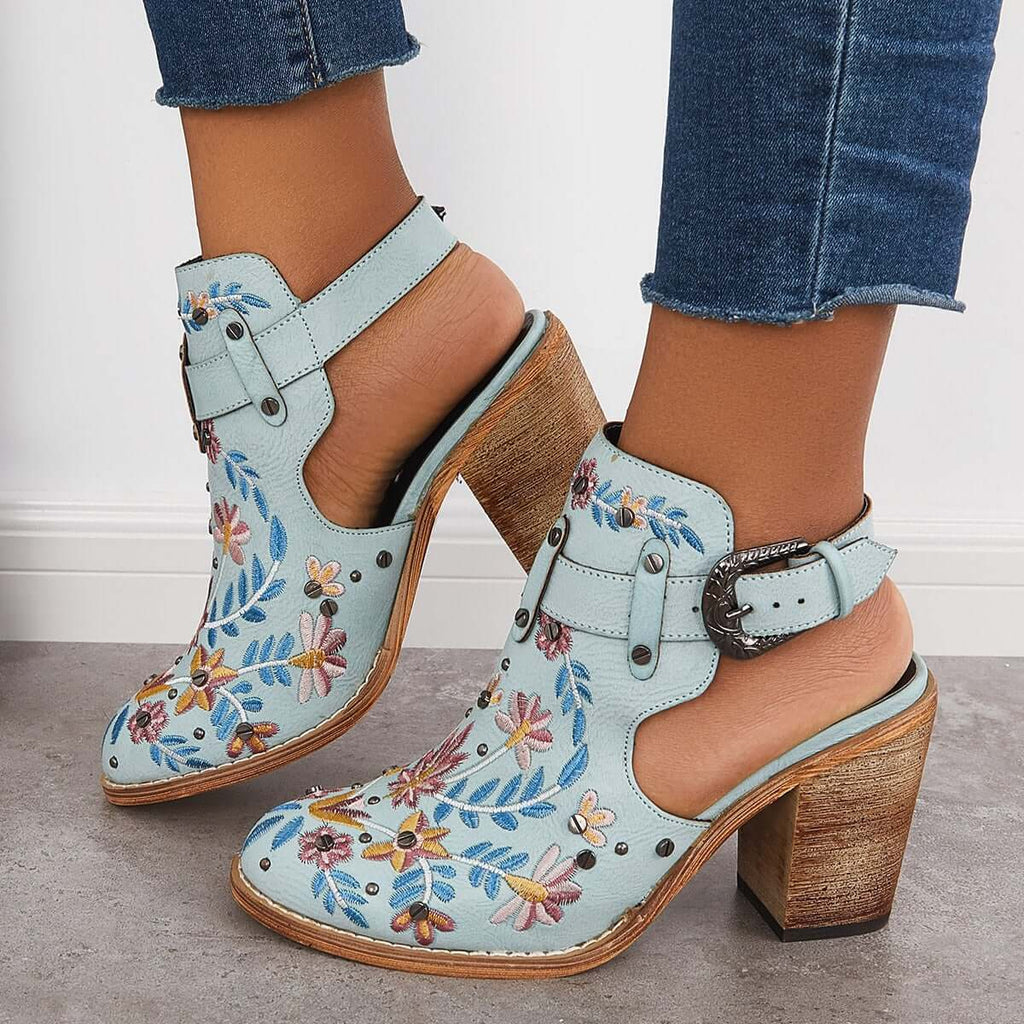 Goosudu Vintage Floral Embroidery Round Toe Ankle Boots