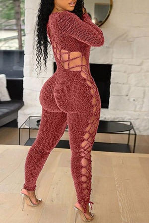 Goosudu Sexy Long Sleeved Knitted Plus Size Back Cutout Jumpsuit