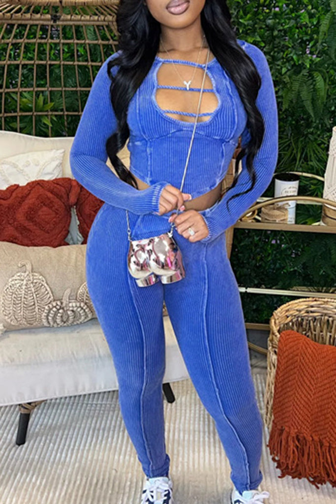 Goosudu Elegant Solid Hollowed Out Patchwork O Neck Long Sleeve Two Pieces