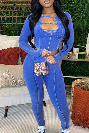 Goosudu Elegant Solid Hollowed Out Patchwork O Neck Long Sleeve Two Pieces