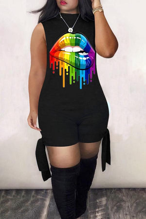 Goosudu Fashion Sleeveless Lip Print Tie Rompers