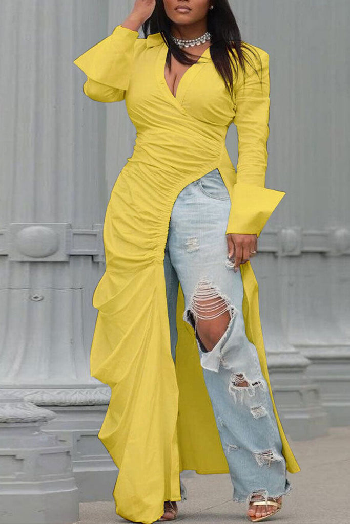 Goosudu Sexy Casual Solid High Opening Fold Shirt Collar High Waist Tops