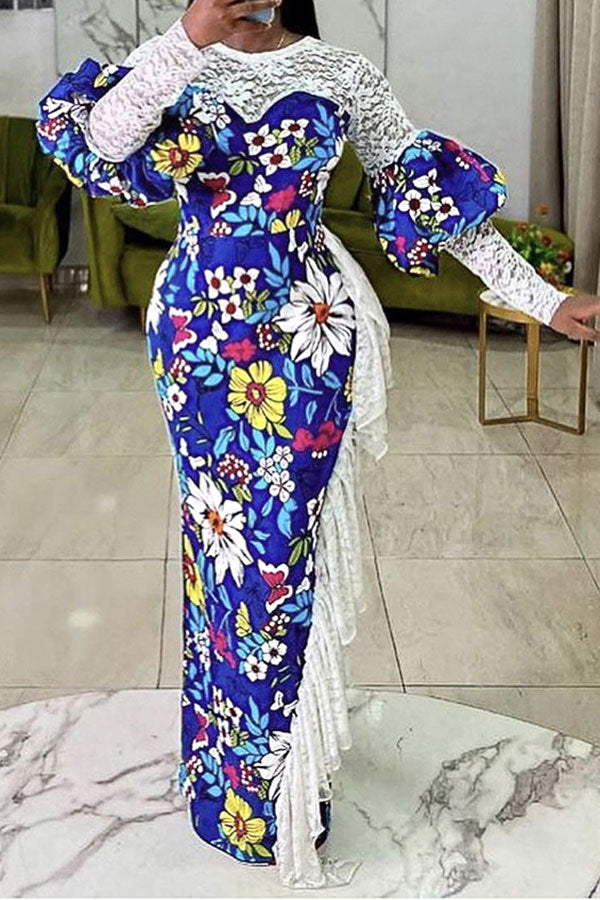 Goosudu Floral Print Romantic Ruffle Maxi Dress