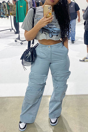 Goosudu Solid Color Patch Pocket Unique Detachable Pants