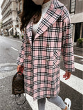 Goosudu Women's Plaid Long Jacket Lapel Double Button Down Plaid Woolen Jacket