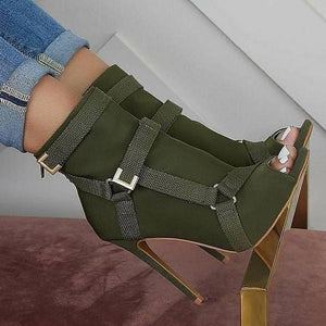 Goosudu Back Zip Peep Toe Stiletto Heel Ankle Boots