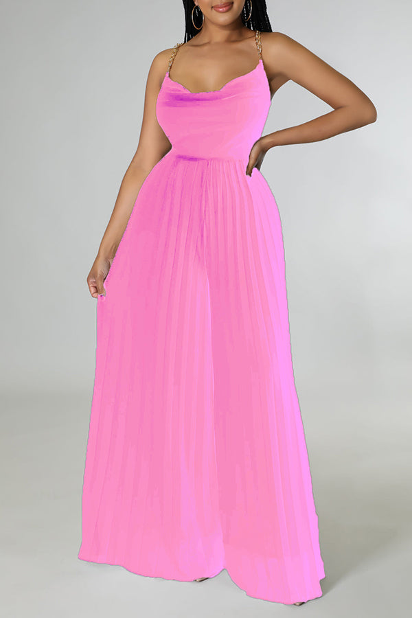 Goosudu Glamorous Solid Color Pleated Backless Chain Sling Jumpsuits