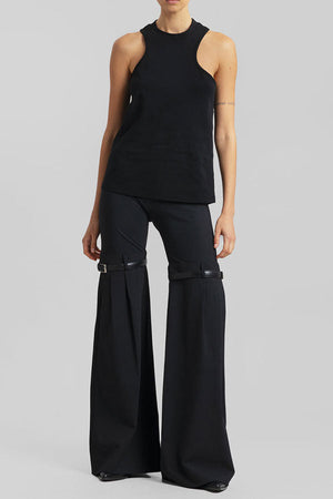 Goosudu Solid Color On-trend Belt Design Bell Bottoms Pants