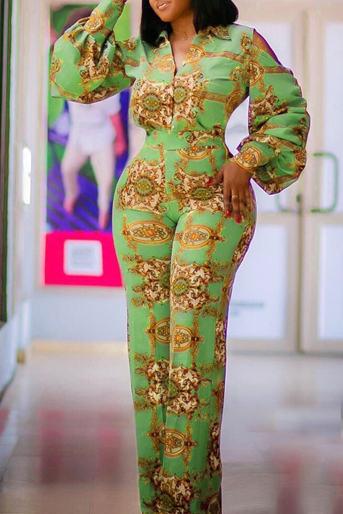 Goosudu Casual Print Patchwork Turndown Collar Boot Cut Jumpsuits