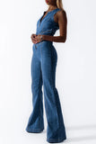 Goosudu Sexy Sleeveless Round Neck Zip Slim Backless Denim Jumpsuits