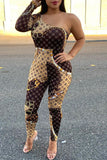 Goosudu Sexy Print Patchwork One Shoulder Skinny Jumpsuits