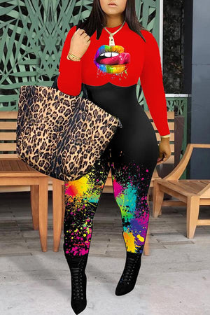 Goosudu Fashion Splash-ink Elements Lip Print Color Matching Plus Size Jumpsuit