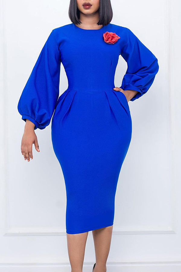 Goosudu Temperament Solid Color Commuting Midi Dress (With Corsage)