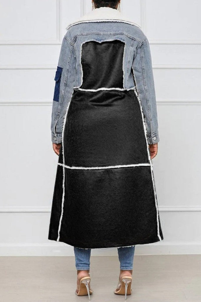 Goosudu Casual Patchwork Cardigan Turndown Collar Long Sleeve Regular Denim Jacket