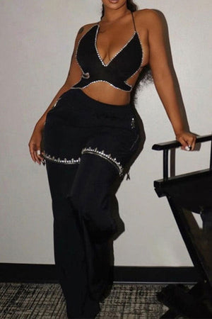 Goosudu Rhinestone Patchwork Unique Zipped Design Pants