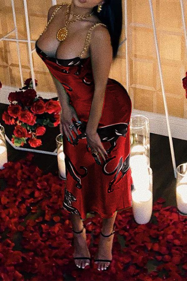 Goosudu Leopard Print Metal Chains Stylish Midi Dress