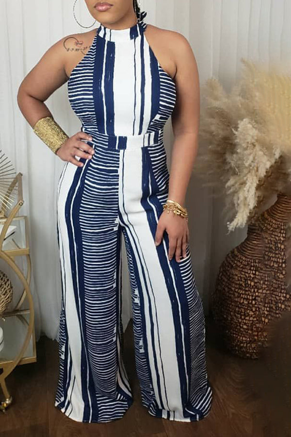 Goosudu Fashion Irregular Stripe Halter Neck Tie Wide Leg Jumpsuit