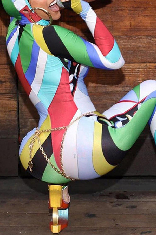 Goosudu Trendy Color-Block Print Long Sleeve Slim-Fit Stretch Hooded Jumpsuit