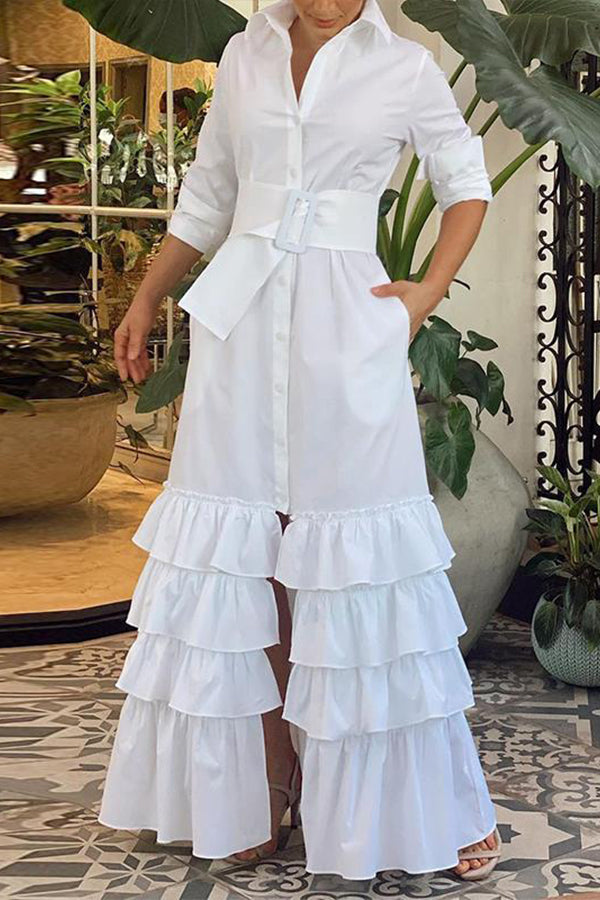 Goosudu Solid Color Lapel Belt Shirt Maxi Dress