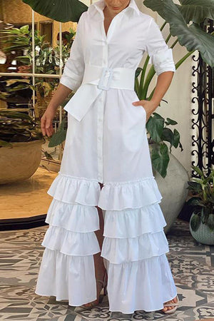 Goosudu Solid Color Lapel Belt Shirt Maxi Dress