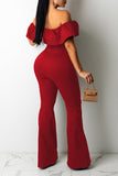 Goosudu Casual Ruffled Off-the-Shoulder Slim Fit High-Rise Jumpsuit